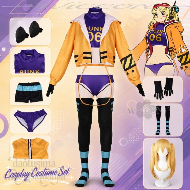 

Anime Movie Red Cosplay York PUNK-06 Costume Sexy Dark Purple Swimming Uniform Lingerie Y2K Punk Orange Coat Wigs Halloween