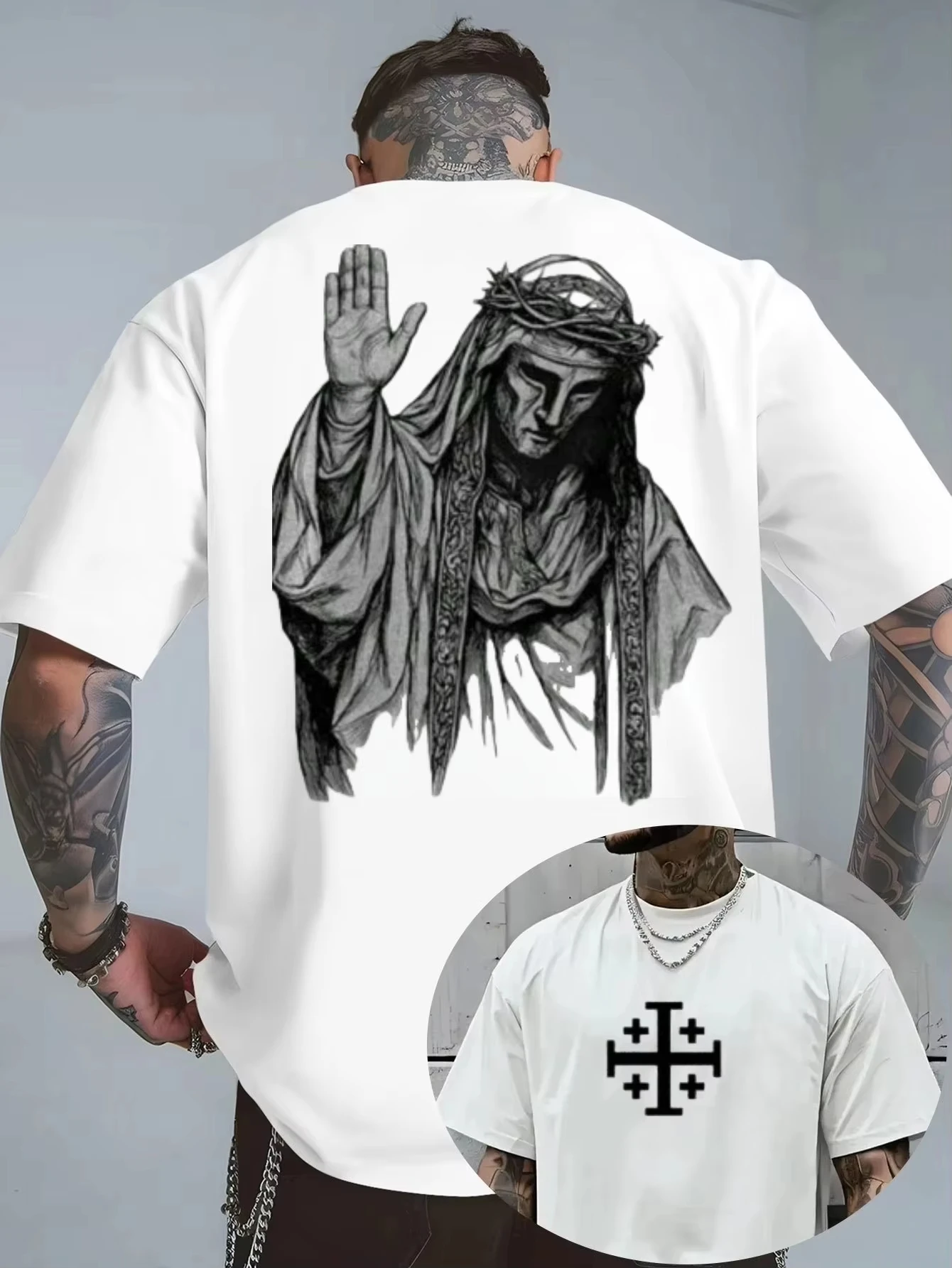2026 Sommer Herren Baumwoll-T-Shirt mit Weißem Kreuz-Jesus-Motiv, Rundhals, Kurzarm, Lässig, Vielseitig, Weich