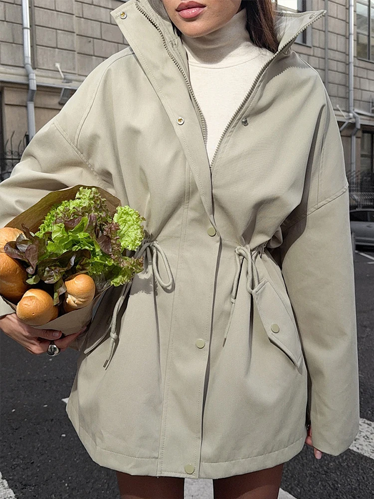 2026 Autumn Winter Women Solid Stand Collar Trench Coat Drawstring Waist Oversized Utility Jacket Loose Windbreaker Outerwear