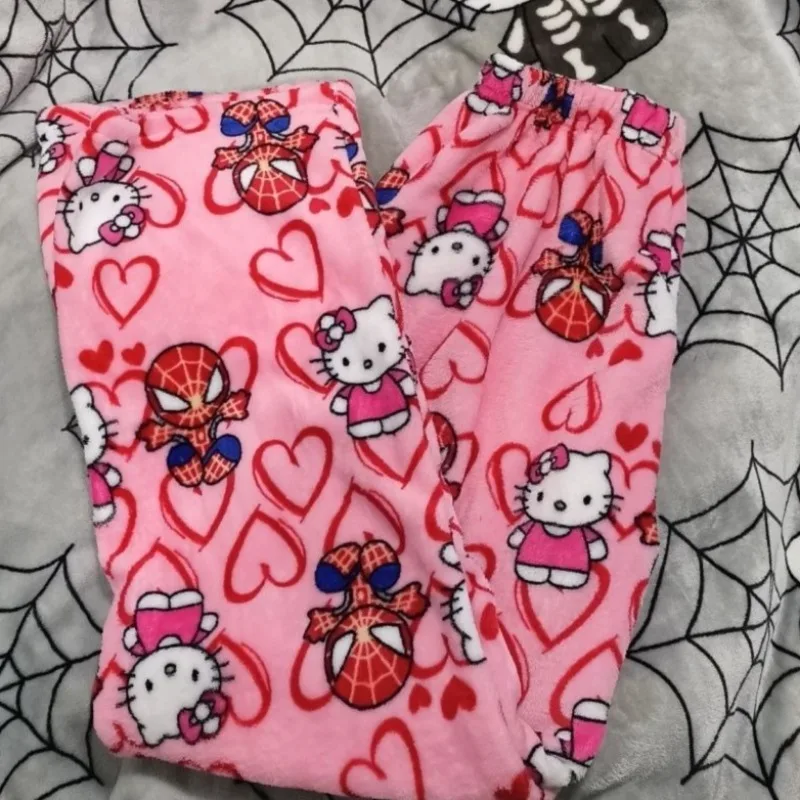 Hot Hello Kitty Flannel Pajama Pants Anime Cartoon Hello Kitty Print Autumn and Winter Loose Kawaii Pajama Pants Clothing Gift