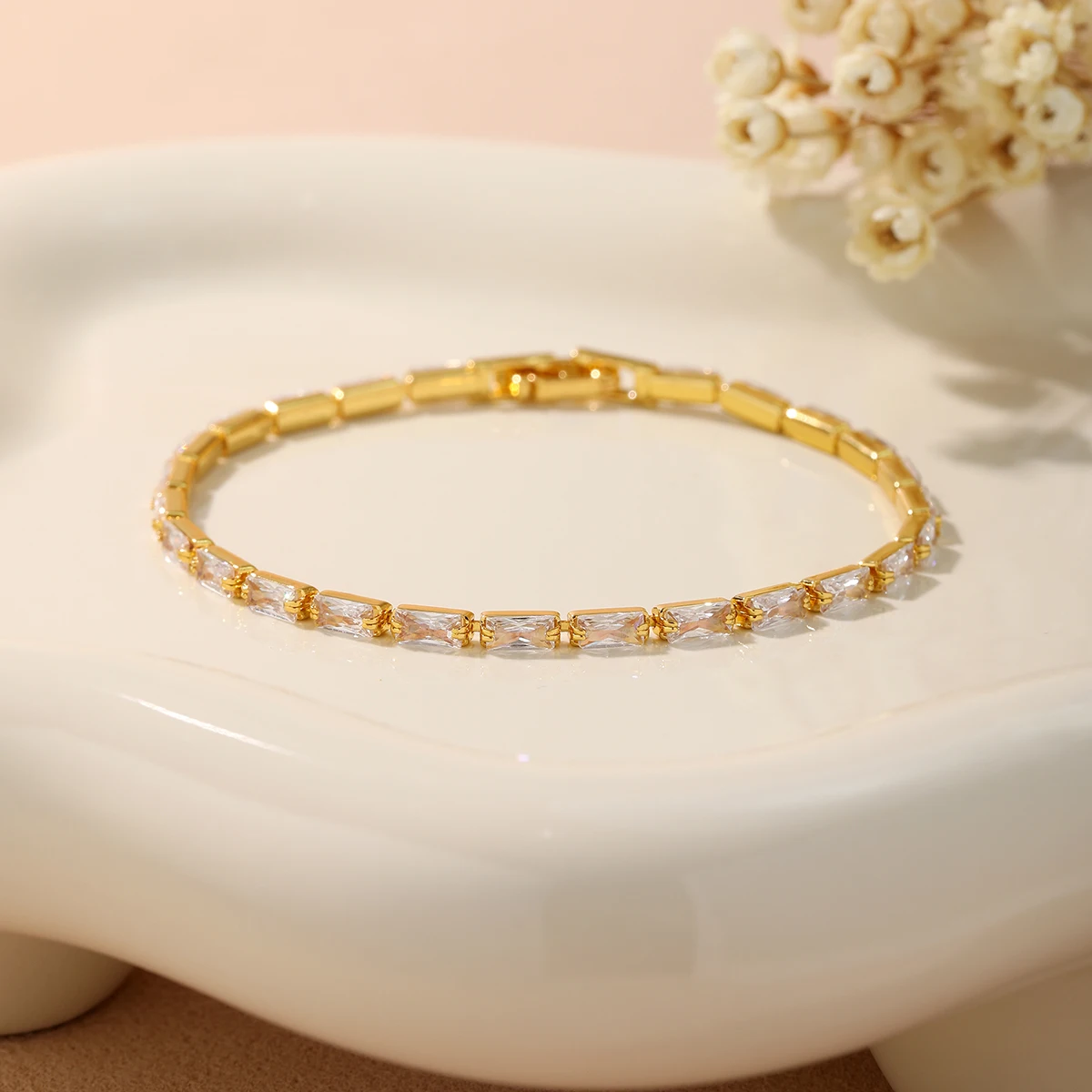 

Dainty Shiny Baguette Crystal Tennis Bracelet Minimalist Stackable Bracelet Romantic Anniversary Gift for Wife