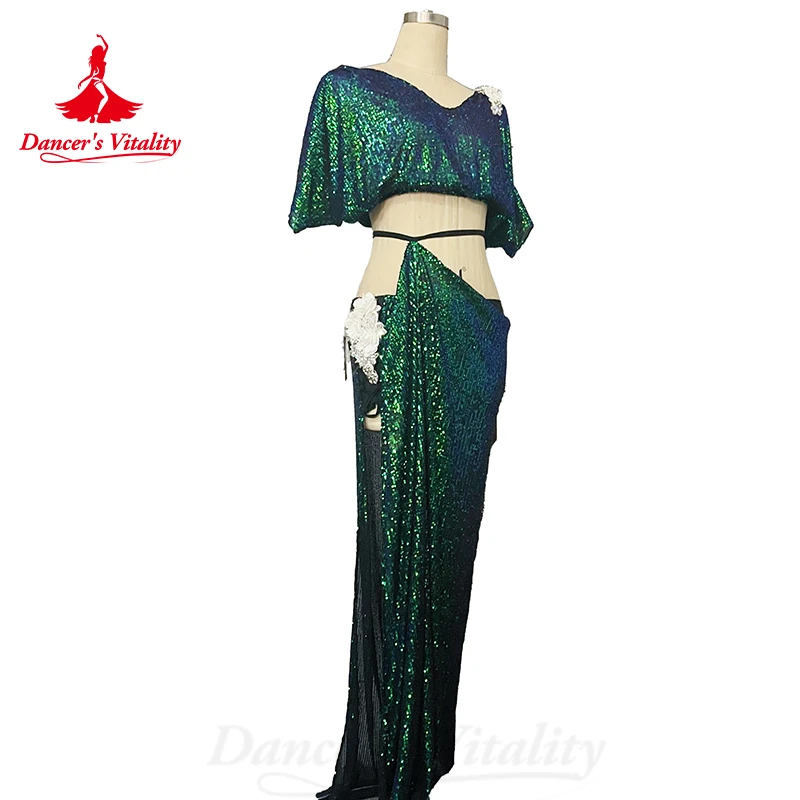 Belly Dance Costume Suit Women's Customized V Neck Short Sleeved Top+Split Long Skirt 2ps Oriental Dance Performance Costumes