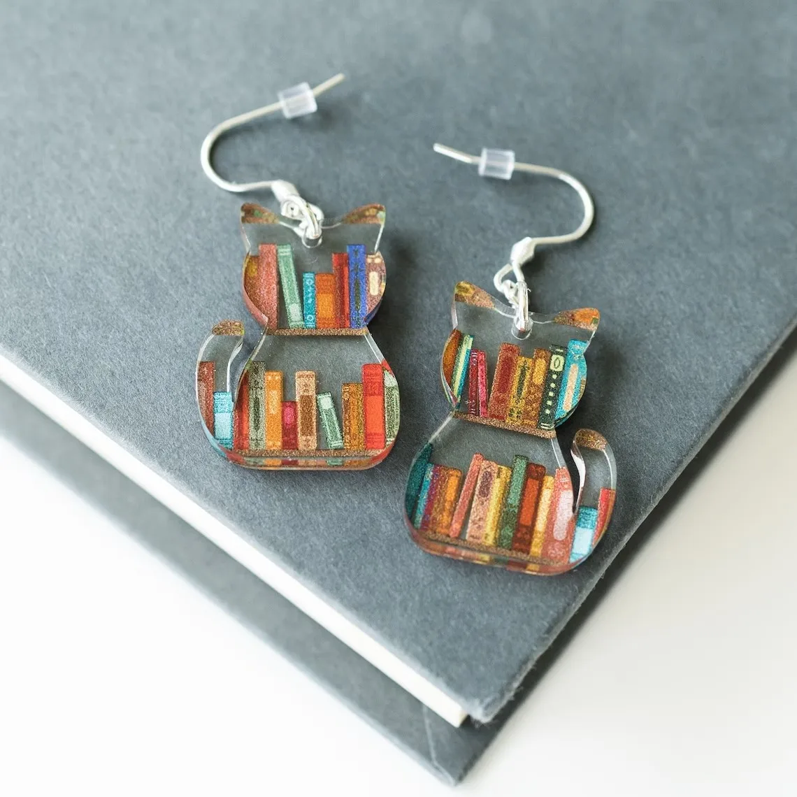 Cat Library Bookshelf Drop Earrings Dog Dinosaur Acrylic Dangle Earrings Print Wood Pendant Earrings Fashion Book Lovers Jewelry