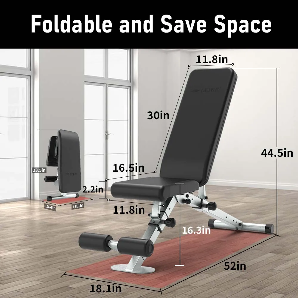 leikefitness Adjustable Weight Bench Foldable Workout Exercise Bench with Automatic Lock for Upright Incline Decline and Flat Fu