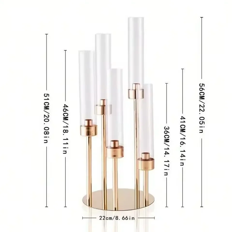 10Pc Gold Small 5 heads Candle Holder Centerpiece, Metal    Stand with Acrylic Cover, Perfect Weddings and Home Decor