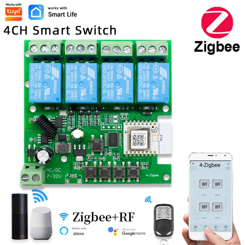 4CH Zigbee 3.0 Smart Home Relay DC 12V 24V 32V 110V Motor Switch