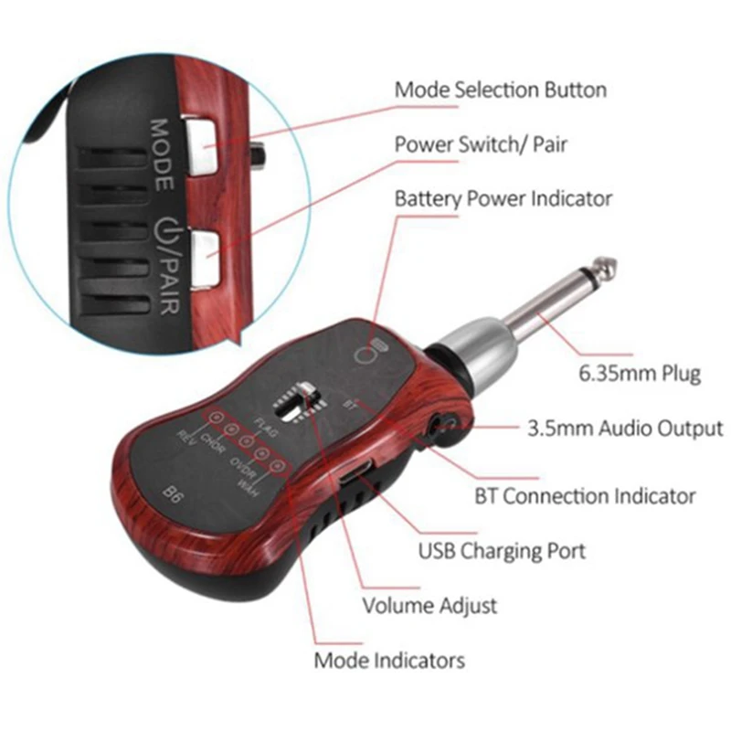 B6 Guitar Headphone Amp Mini Plug Guitar Amplifier Bluetooth Receiver Rechargeable For Electric Travel Pocket Guitar