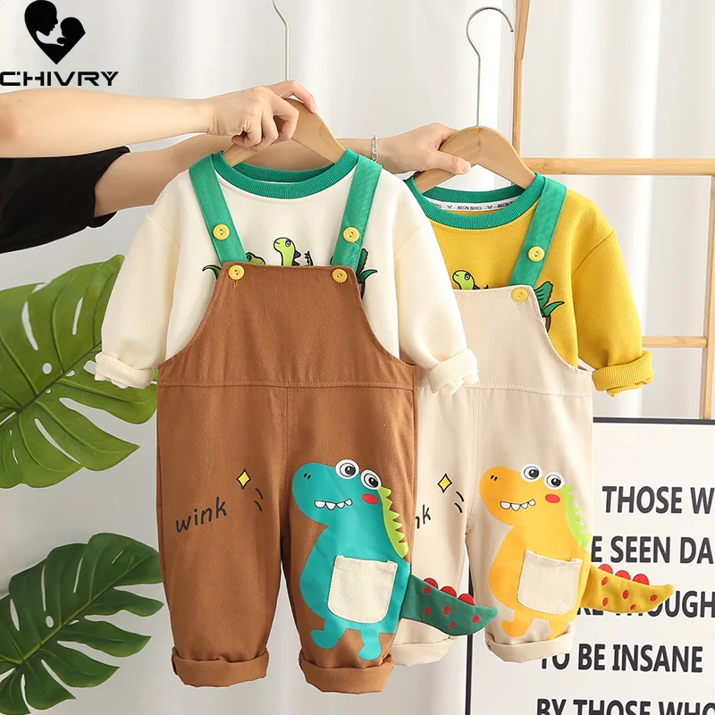 New 2023 Autumn Baby Boys Cute Cartoon Dinosaur Rompers Overalls with Round Neck Long Sleeve Sweatshirt Kids Clothing Sets