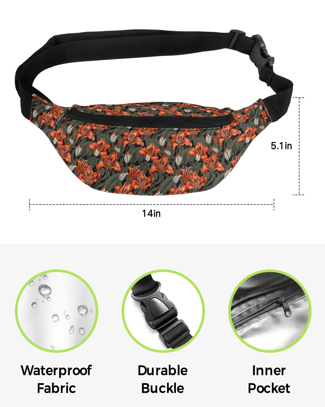 Riñonera de flores rojas para mujer, bolso de hombro cruzado Unisex, impermeable, para deportes al aire libre