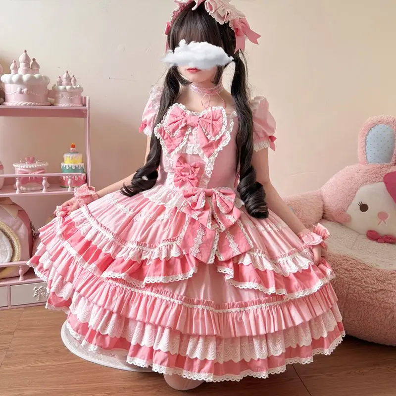 Original Japanese Sweet Princess Lolita Op Dress Square Neck Bubble Sleeve Bow High Waist Kawaii Fluffy Short Dress Women Summer