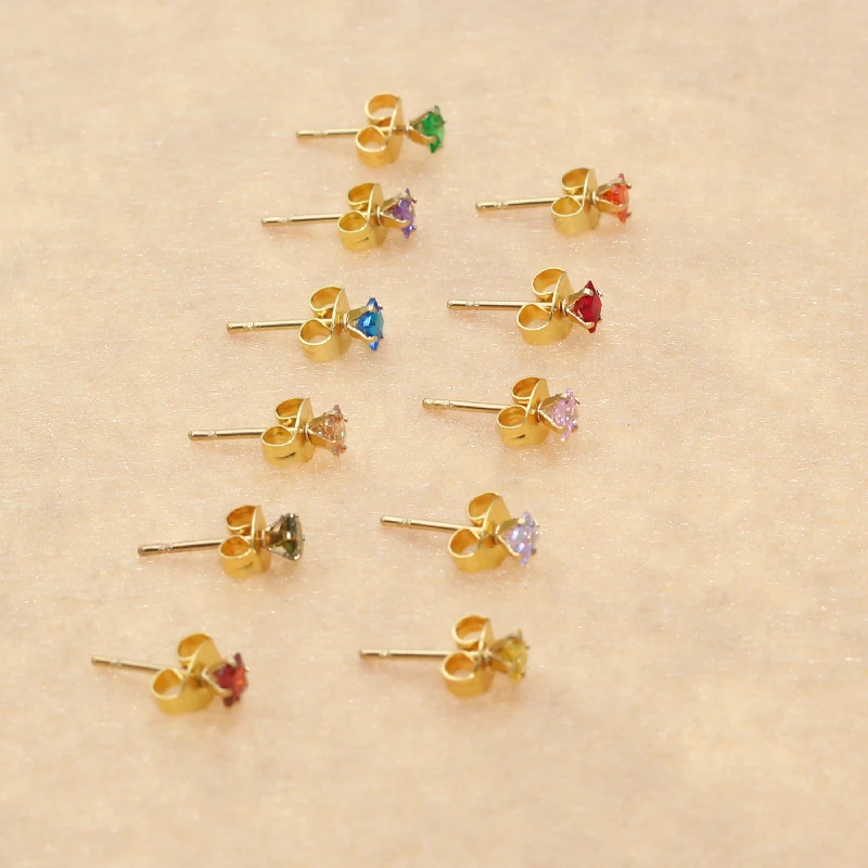 3mm Square Colorful Zircons Stainless Steel Stud Earrings Allergy-Free No Easy Fade 18 Colors For Choose Brief Style