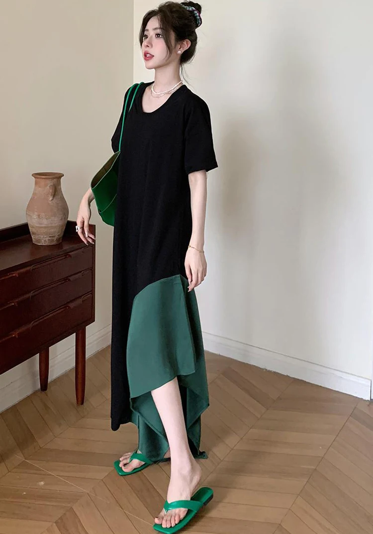 NYFS 2024 Summer New Korea Woman Dress Vestidos Robe Elbise Loose Plus Size Irregular Hem Patchwork Short Sleeve Long Dresses