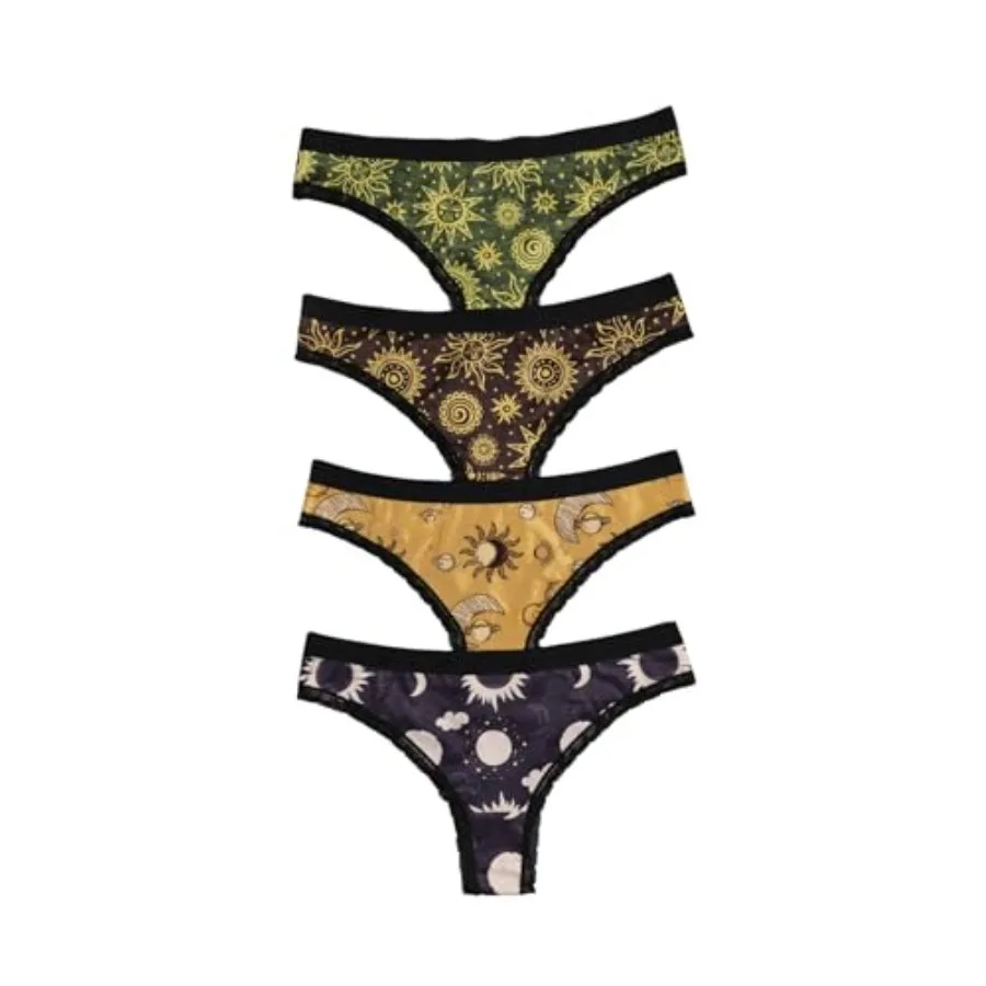 

WDIRARA Women's 4 Pack Gothic Panty Set Lace Trim Low Rise Briefs Sun Moon Print Underwear
