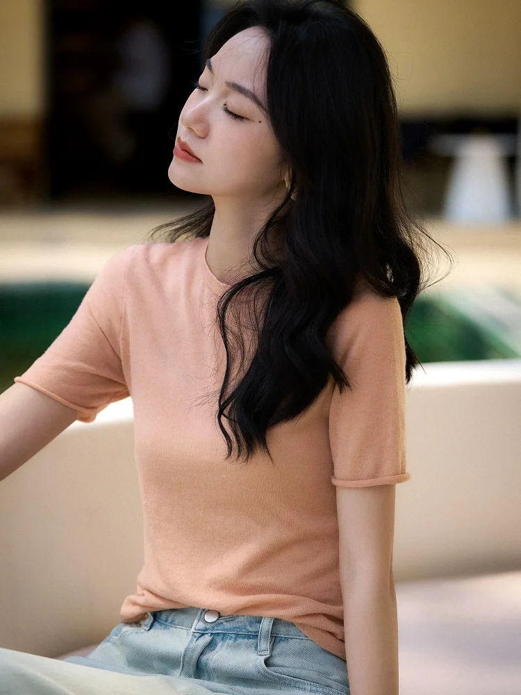 Birdtree, 100% Sheep Wool Solid Tshirt, O-neck Short Sleeve Breathable Tops, Women Knitted Thin Shirt, 2026 Autumn New T67908JF