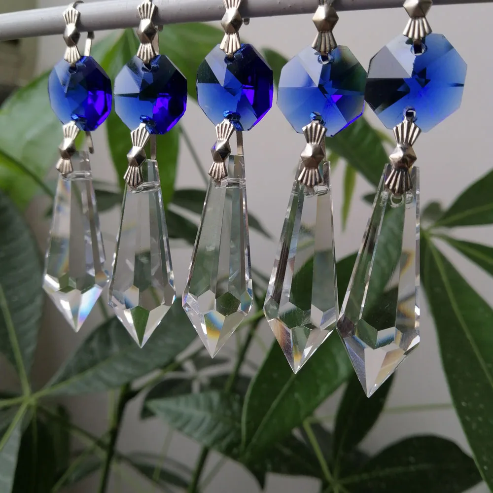 Camal 5Pcs 38Mm Clear Crystal Ijspegel Drop Hanger Chrome Bowtie Pins W/Blauw Achthoek Kralen Lamp Verlichting kroonluchter Prisma Deel