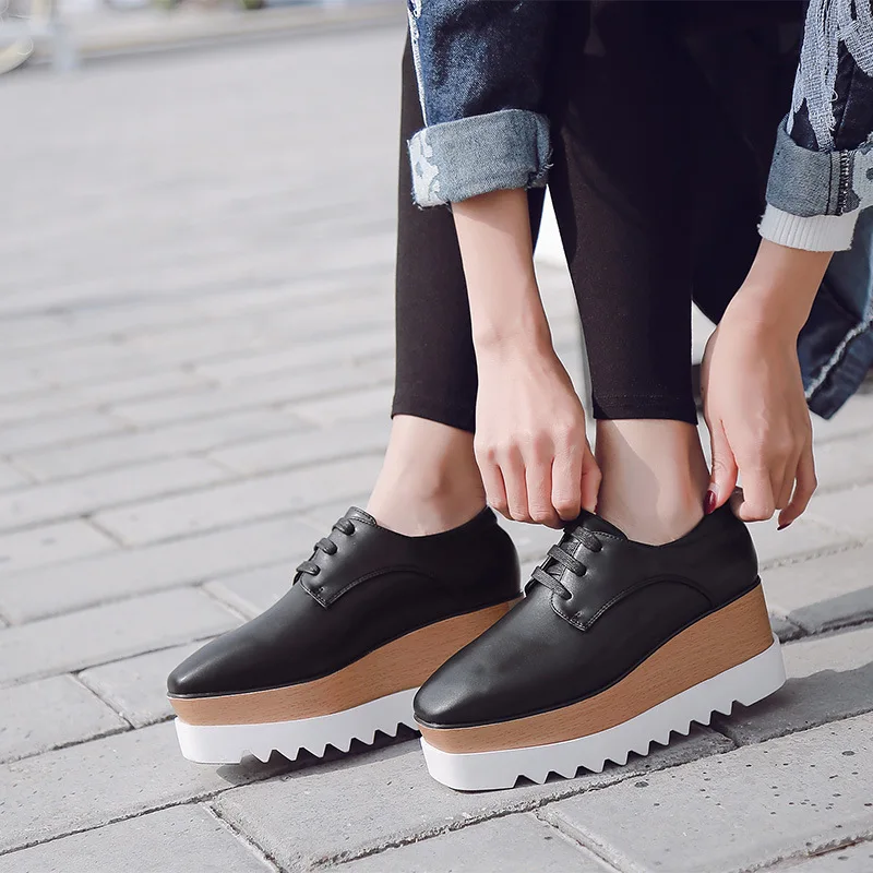 Shoes Woman Flats Autumn Oxfords British Style Clogs Platform Dress Fall New Summer Leather Cross Preppy Creepers High Basic Wed