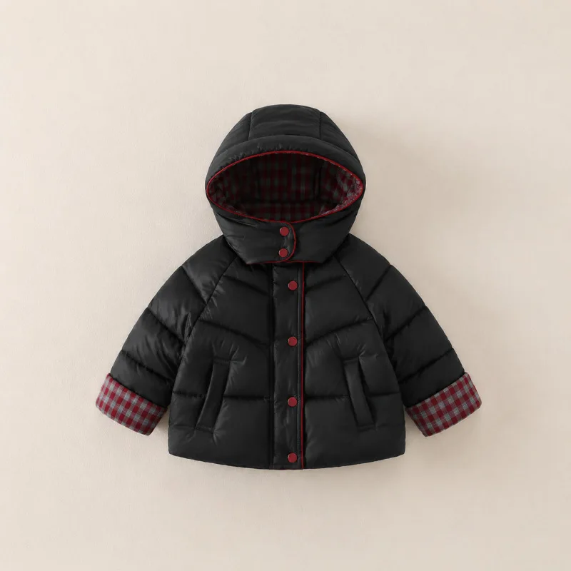 2026 Winter New Minimalist Children's Hooded Plaid Warm and Thickened Concealed Button Cotton Jacket 2-7 Years
