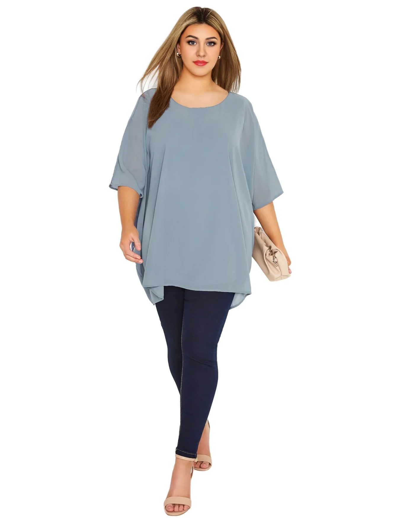 Blusa elegante de talla grande para mujer, blusa de gasa de gran tamaño con manga de murciélago y cuello redondo, camiseta tipo túnica informal de