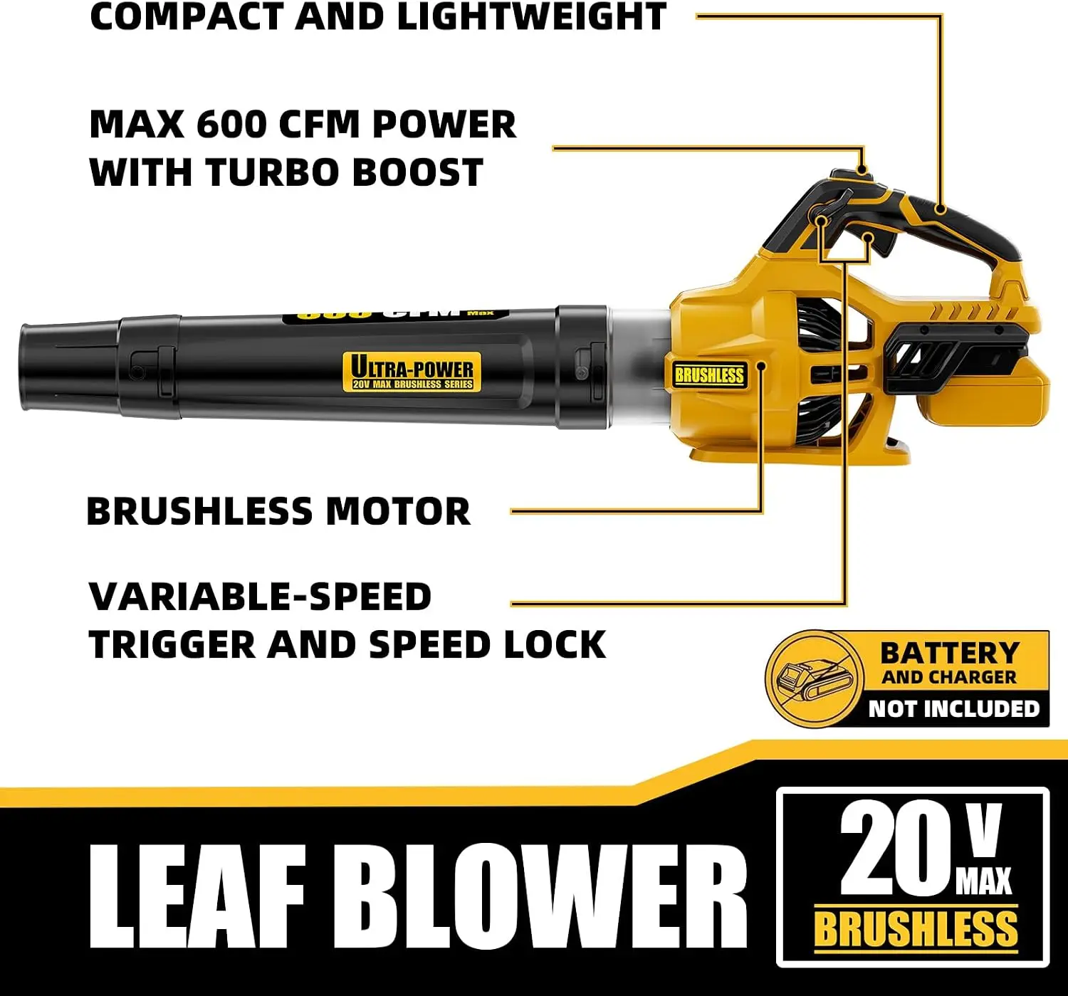 Cordless Leaf Blower, 20V Battery Compatible, Tool Only
