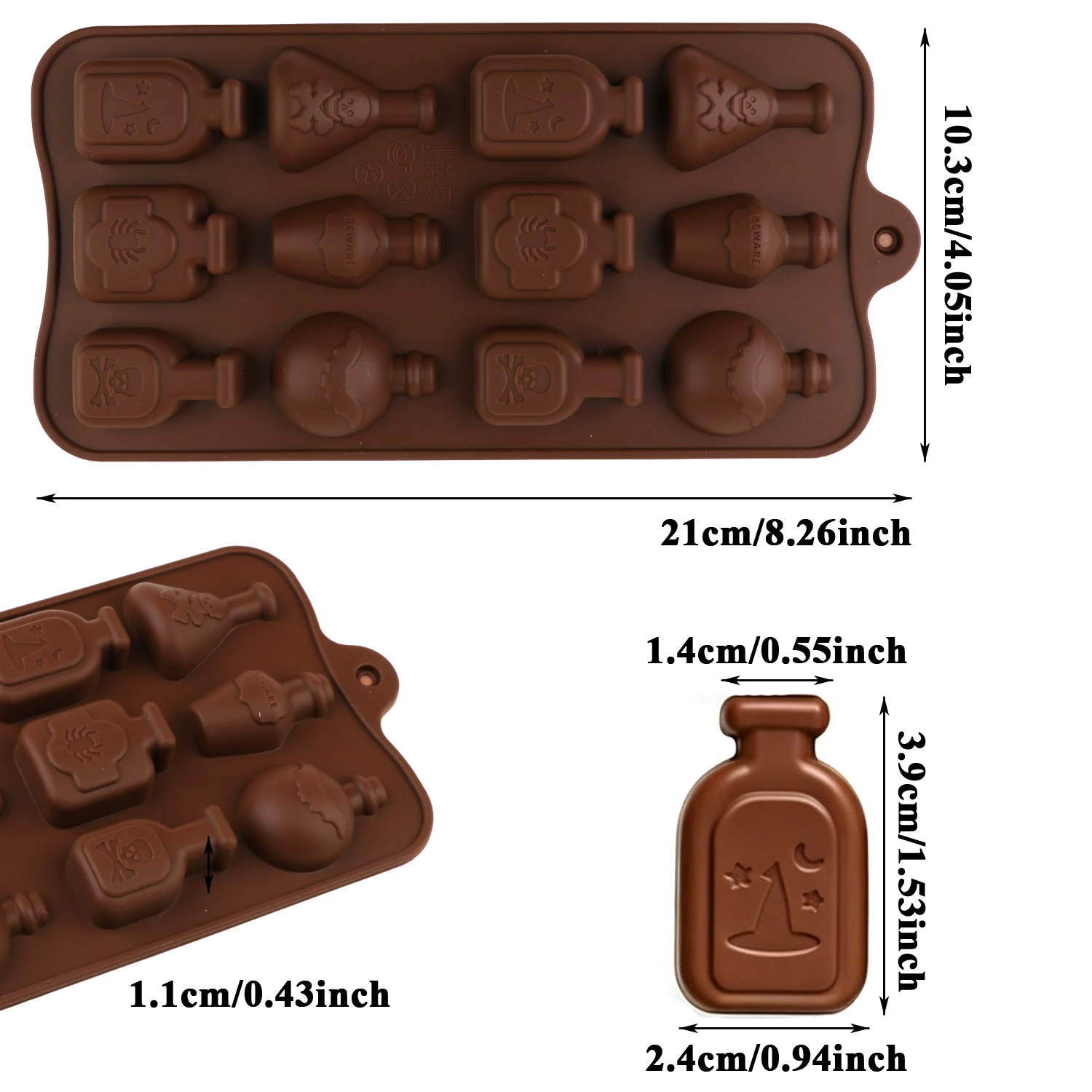 Halloween Witch Magic Potion Bottle Silicone Mold, with Skull, Bat and Other Patterns, Chocolate Candy Mold, Resin DIY Baking Mold