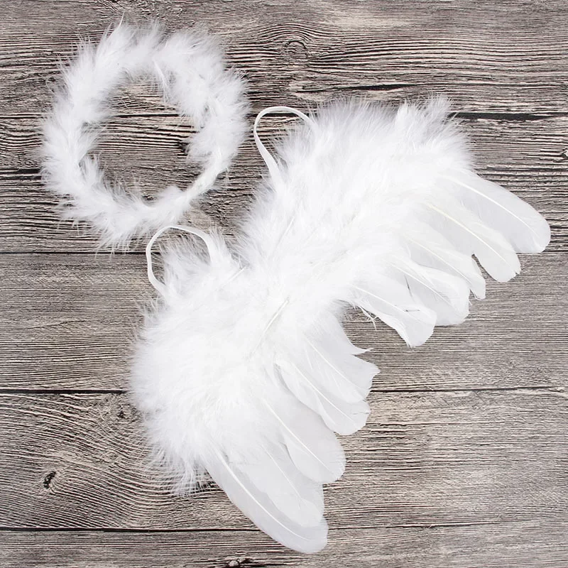 2pcs/lot Infant Newborn Photo Prop Kids Angel Fairy Feather Wing Costume with Feathers Headband Children Christmas Party Decor