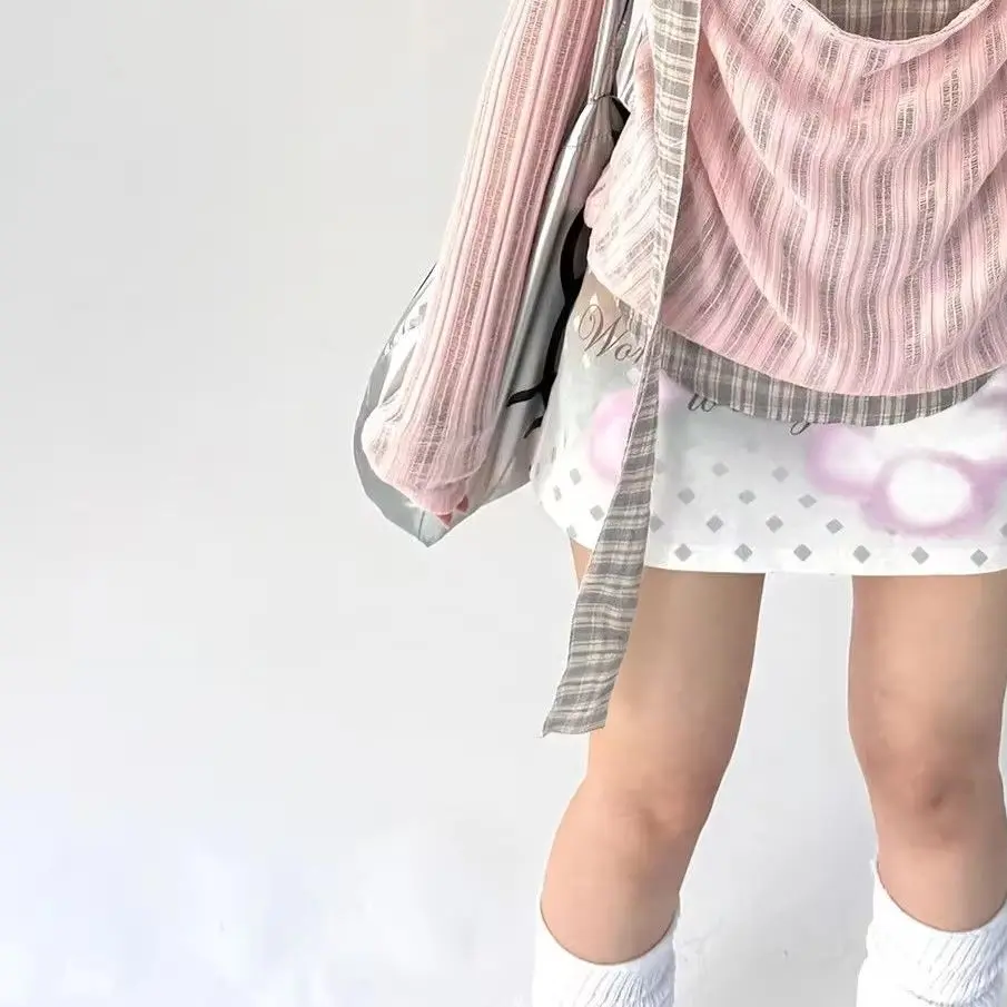 

Onalippa Lazy Korean Plaid Perforated Sunscreen Vacation Two Long Sleeved Top Women Warm Soft Pink Wave Neck Summer Shirts