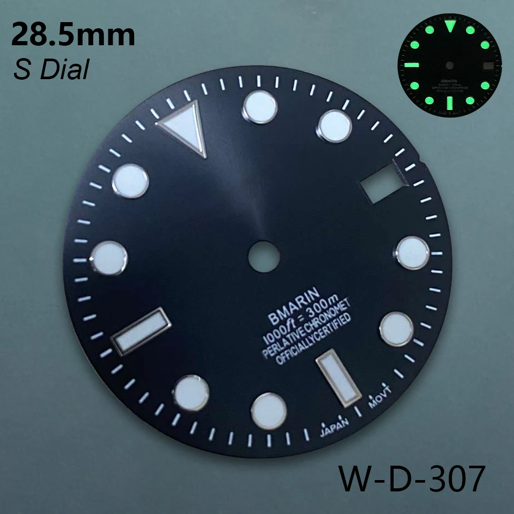 28.5mm S Logo SUB Dial Fit NH35/NH36/4R/7S Movement c3 Green Luminous High Quality Sunray Dial Watch Accessories
