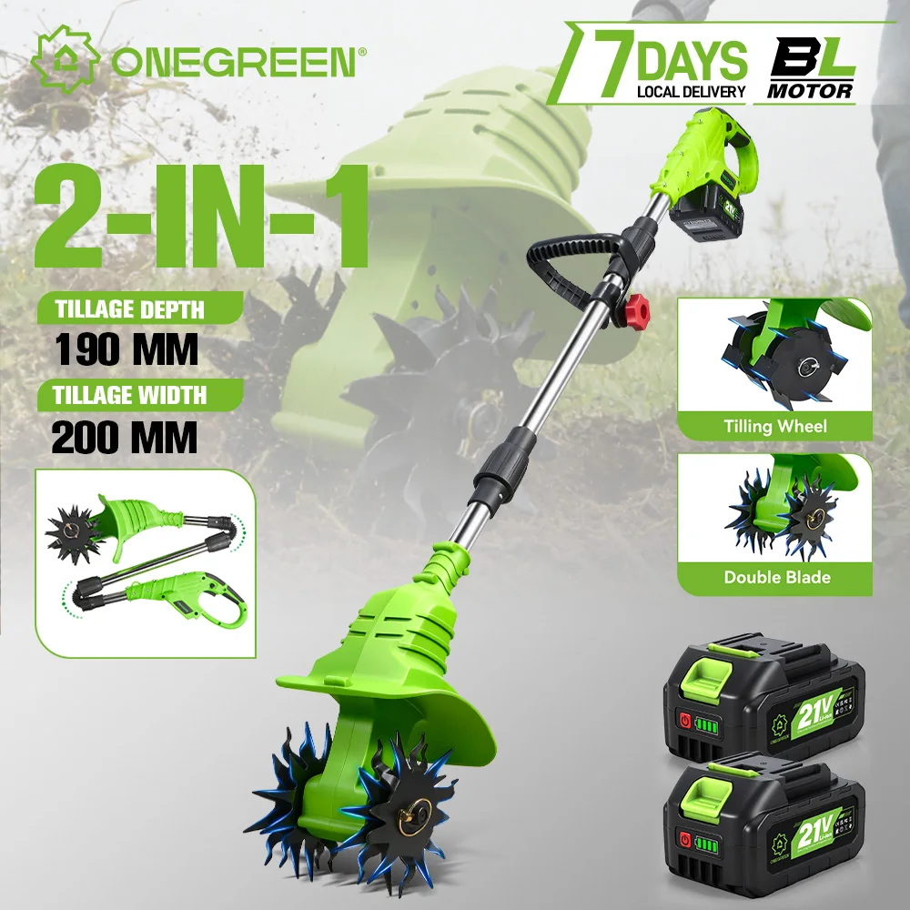 ONEGREEN 2-in-1 Elektrischer Kultivator Kabellos Faltbar Multifunktionaler Garten-Trimmer Landwirtschaftliches Bodenbearbeitungswerkzeug für Makita 18V Akku