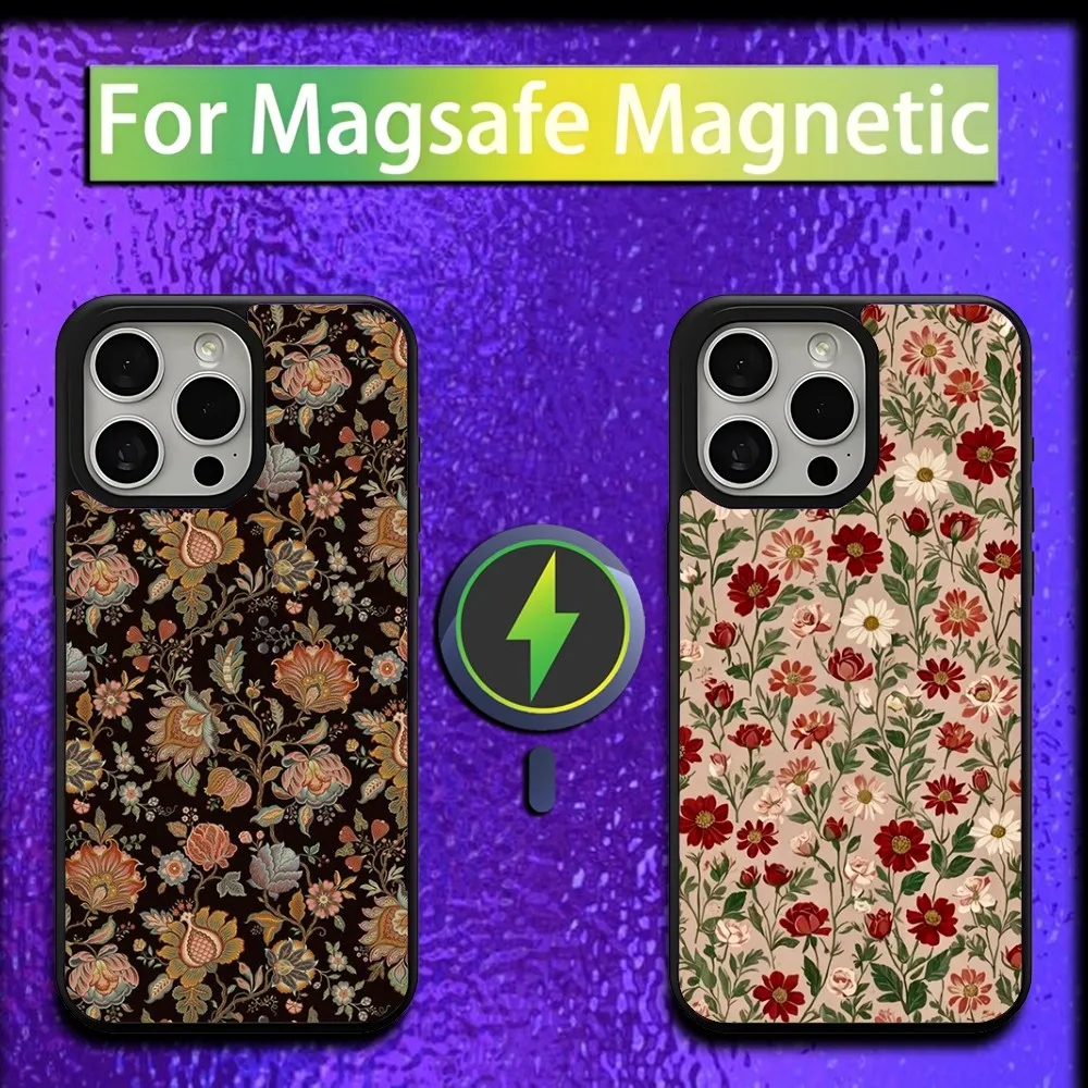 Vintage Flowers Linen Phone Case For iPhone 16,15,14,13,12,11,Plus,Pro,Max,Mini Magsafe Magnetic Wireless Charging