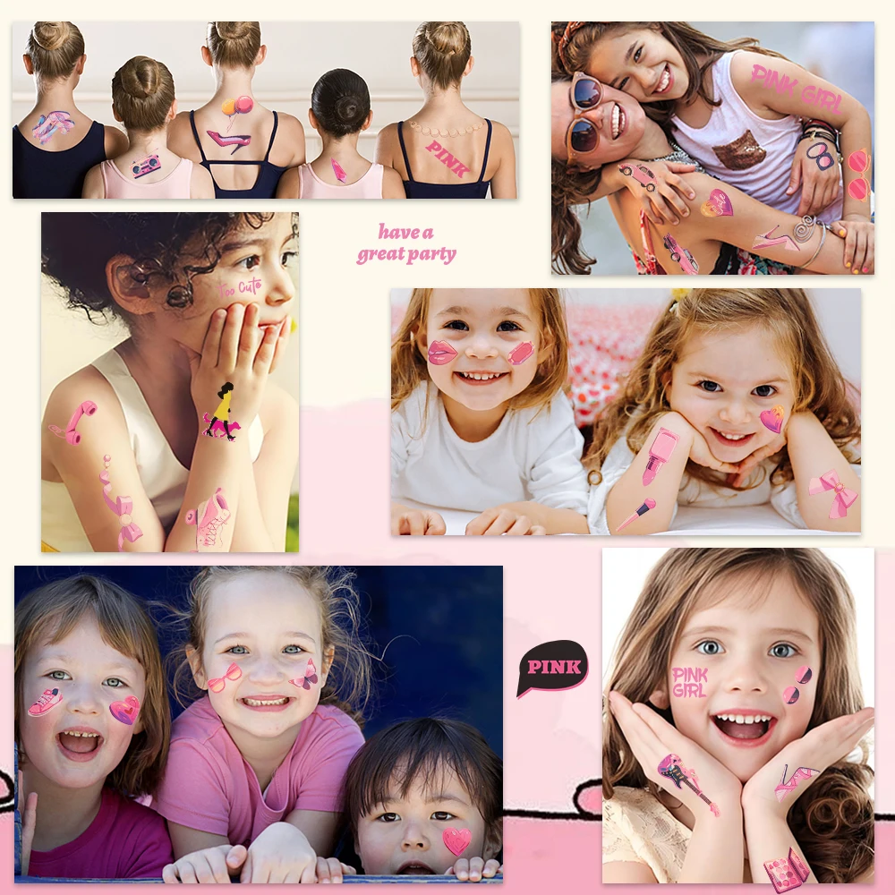 10pcs/pack Pink Girls Party Temporary Fake Tattoo Waterproof Stickers for Cartoon Children's Birthday Gift DIY Sticker Supplies