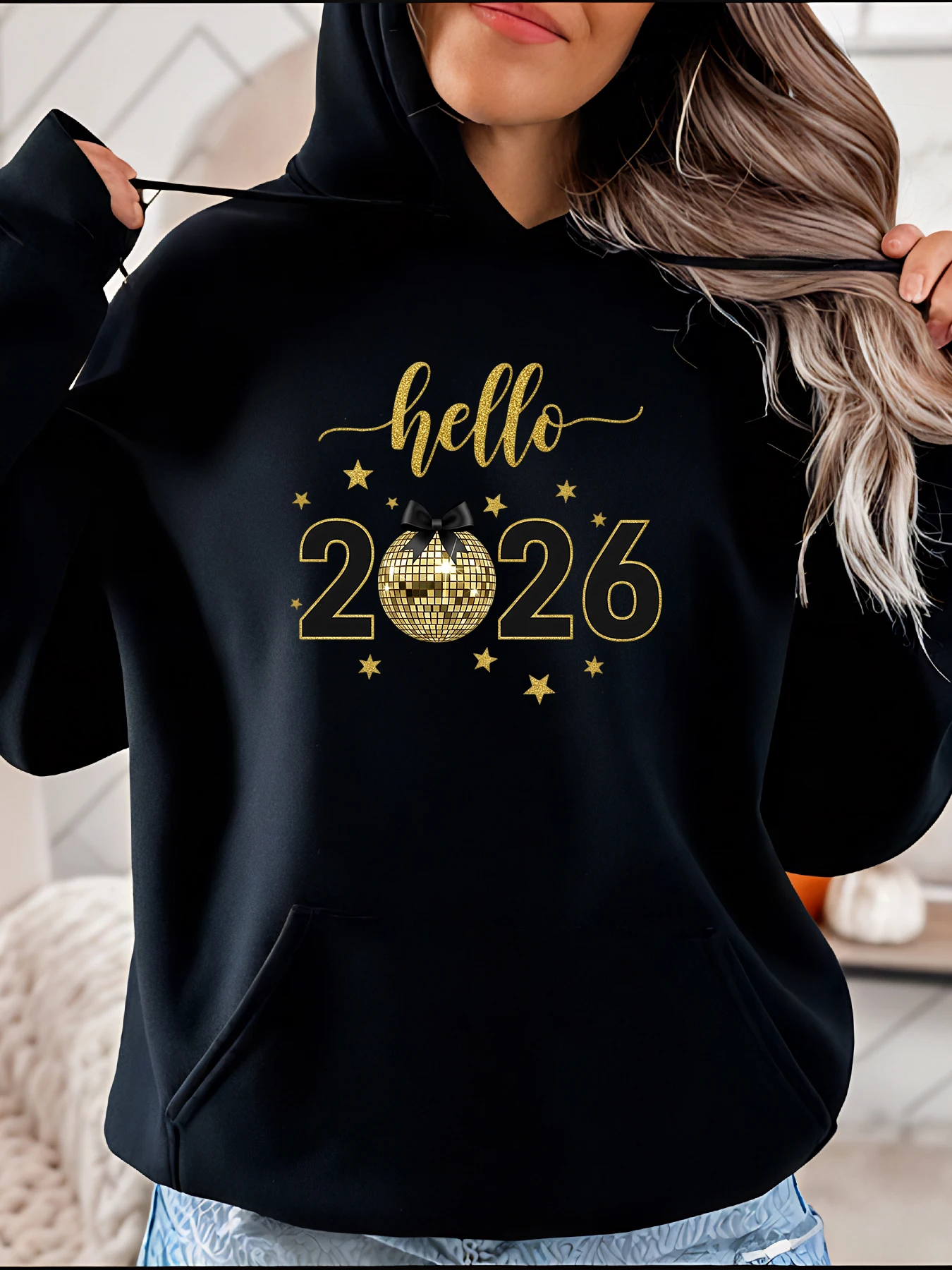 Olá 2026 festa de ano novo com capuz ouro bola discoteca impressão feminina moletom casual celebração do feriado moda 280