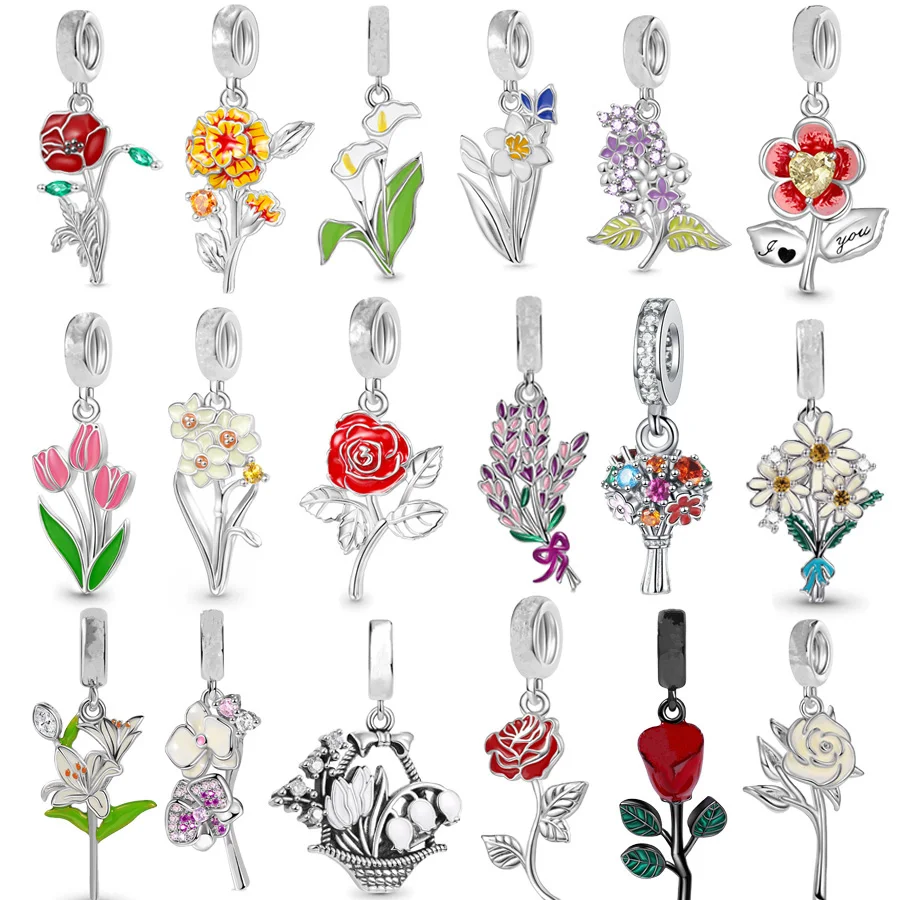 New Arrivals Flower series Bead Lily White Rose Daisy Tulip Charm Fit Original 925 Sterling Silver Women Bracelet Jewelry Gift