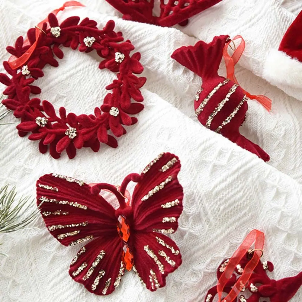Flocado veludo natal bowknot pingente floco de neve sinos doces cana floco de neve rena pingente requintado vinho tinto