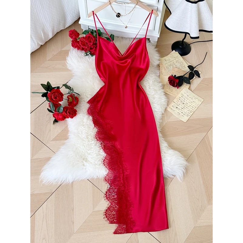 Combhasaki المرأة الأشرطة تعادل عارية الذراعين ثوب النوم Y2k الأزهار الدانتيل تقليم الحرير الساتان المرقعة الجانب عالية الشق كامي زلة فستان طويل #1