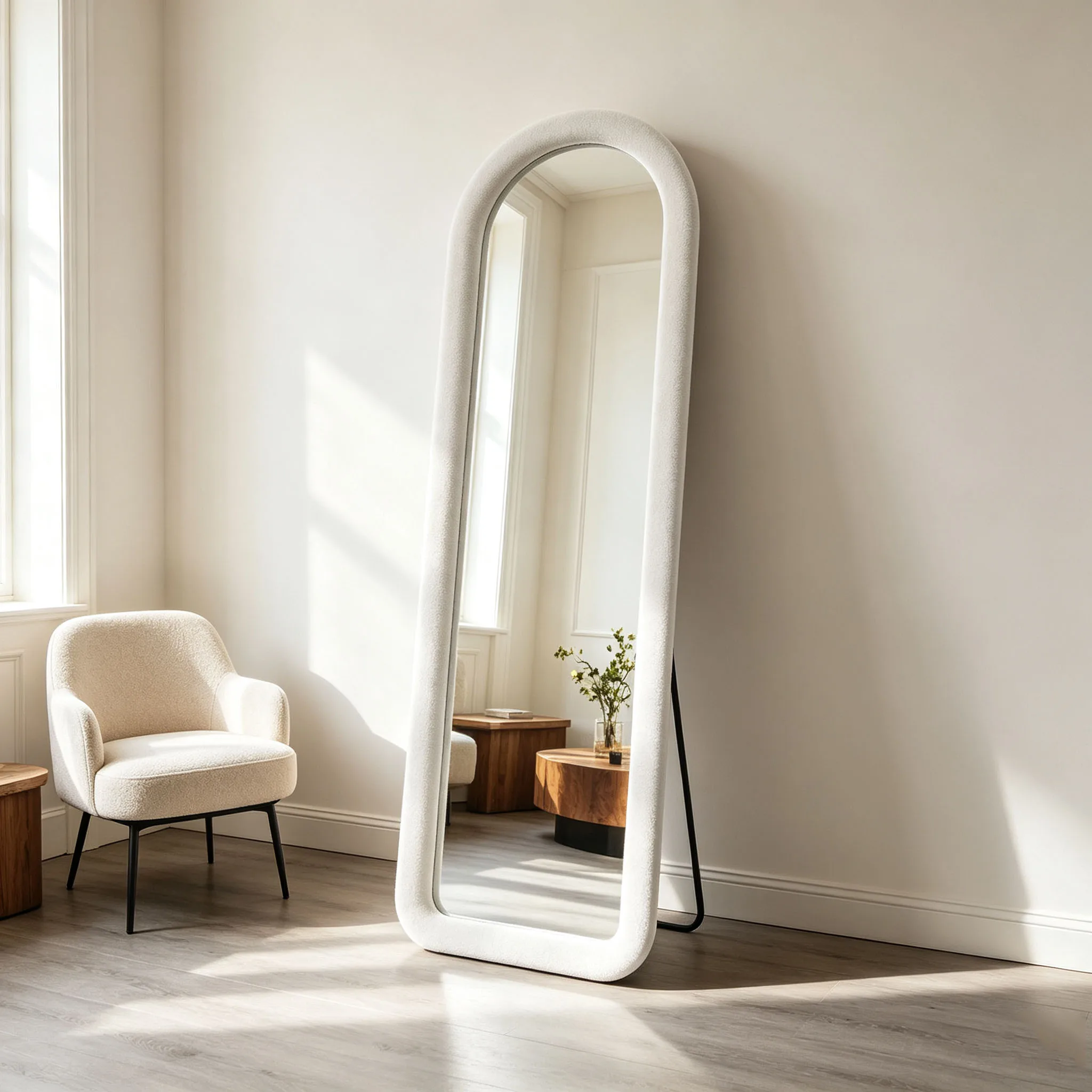 Superaly, specchio da terra ad arco, interamente rivestito in flanella bianca, con struttura in metallo, da posizionare a terra, ideale per riflessi a figura intera, specchio da parete per la camera