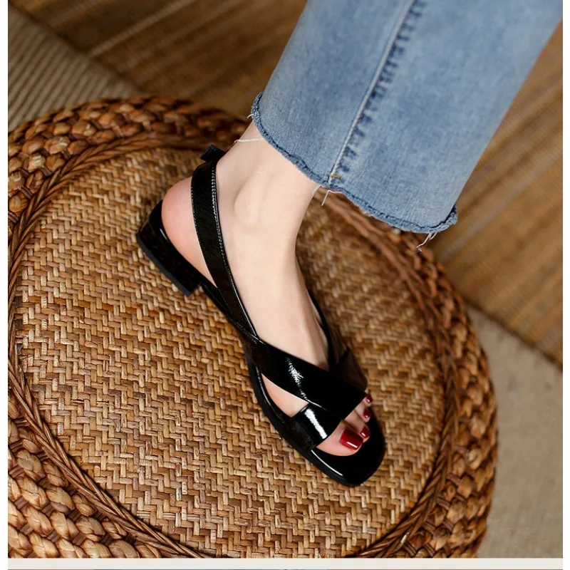 Patent Leather Women Sandals Square Toe Buckle Strap Roman Shoes for Women Plus Size Low Heel Casual Beach Sandals Solid Zapatos