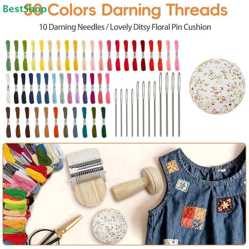 

〔Sabrina〕Mini Loom - Wooden Handle Punch Tool Set with Color Threads, Hoops & Needles for DIY Craft Projects