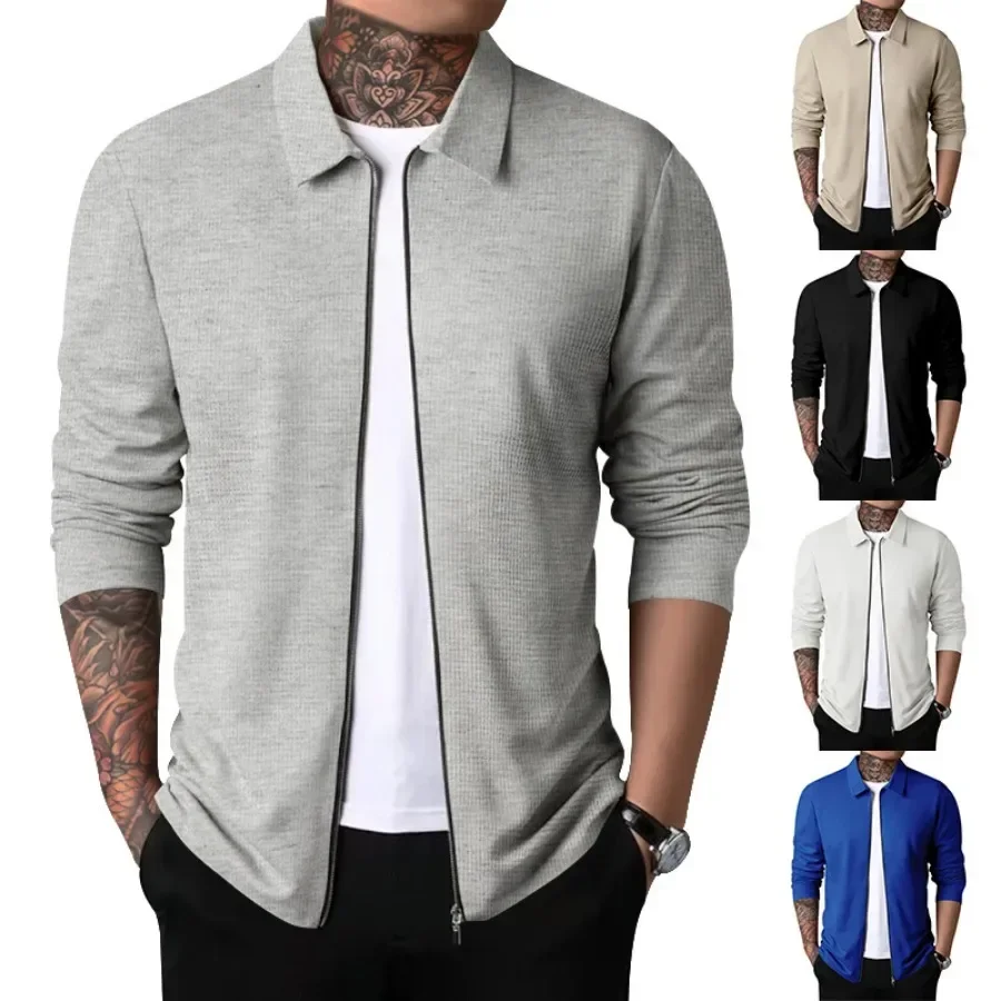 

New Jacket Men's Spring Autumn Casual Lapel Waffle Coats Fashion Solid Slim Zipper Cardigan Daily Sport Tops Men's Clothing