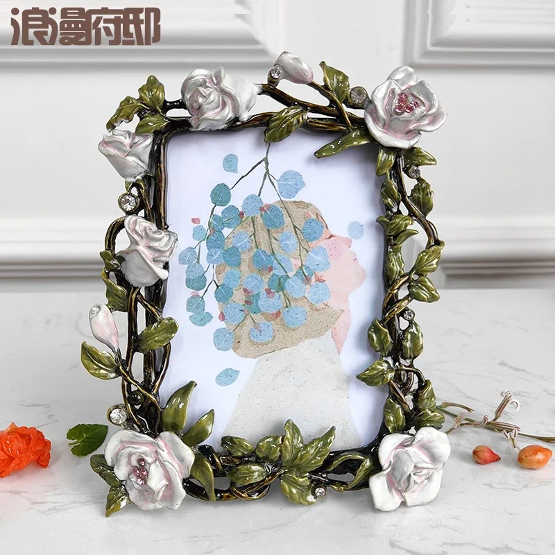 Romantic mansion European retro 5-inch photo frame American rose shape diamond enamel color five-inch picture frame setting tabl