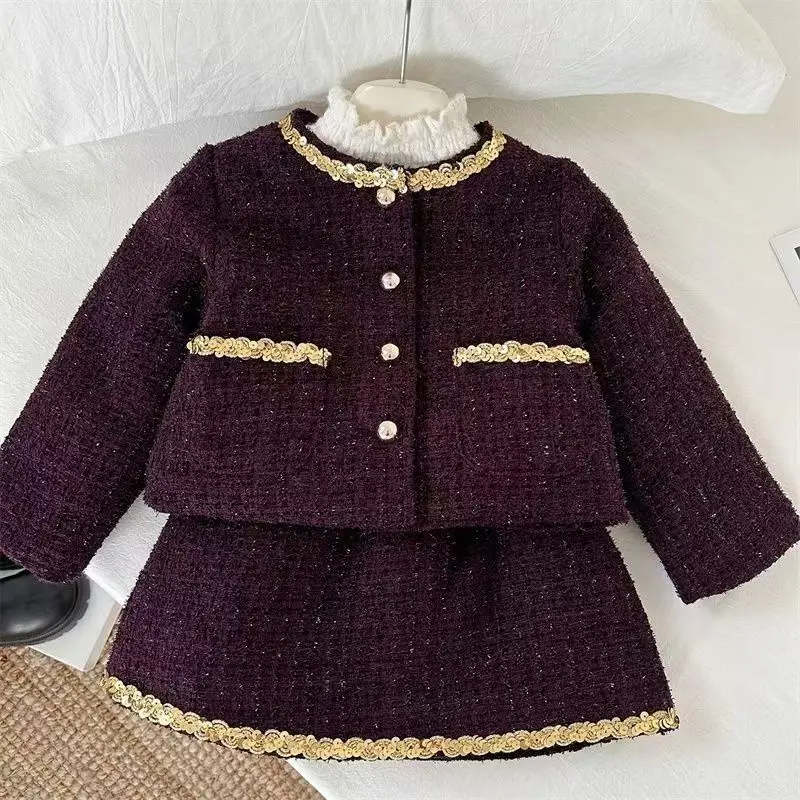 

New Little Girl Autumn/Winter Fragrant Style Clothing Set for Children Fashionable and Stylish Short Skirt Two Piece Set