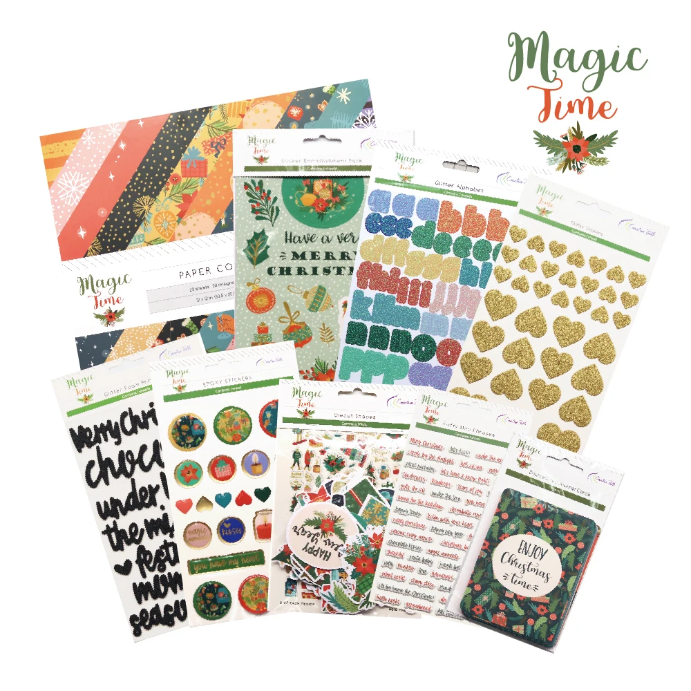 Creative Path 9pcs Magic-Time Scrapbooking Journaling Full Kits Decorative Papers Cards Die Cuts Sticker Sheets DIY Crafting Set