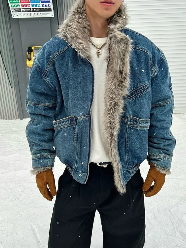 

Синяя джинсовая куртка с воротником-стойкой и флисовой подкладкой для мужчин, теплая зимняя, с узором «Горный орёл», защита от холода