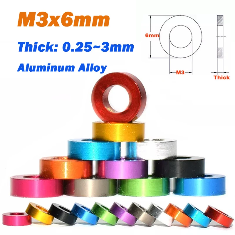 3/5Pcs Aluminum Washer M3x6mm Thickness  0.25/0.5/1/1.5/2/2.5/3mm Colourful Anodized 6061 Aluminum Alloy Flat Washers Gasket