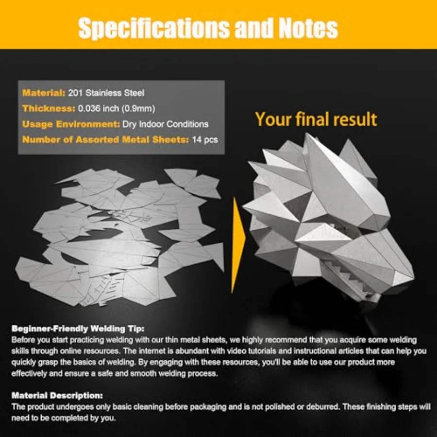 مجموعة لحام رأس Dire Wolf للمبتدئين: 201 كوبونات لحام من الفولاذ المقاوم للصدأ قطع تدريب معدنية مقطوعة بالليزر مناسبة لـ TIG