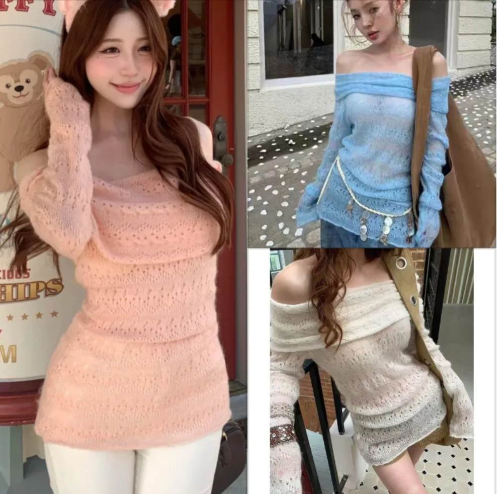 

Модный вязаный ажурный свитер из мохера, женский сексуальный тонкий повседневный джемпер с открытыми плечами, пуловер, топ