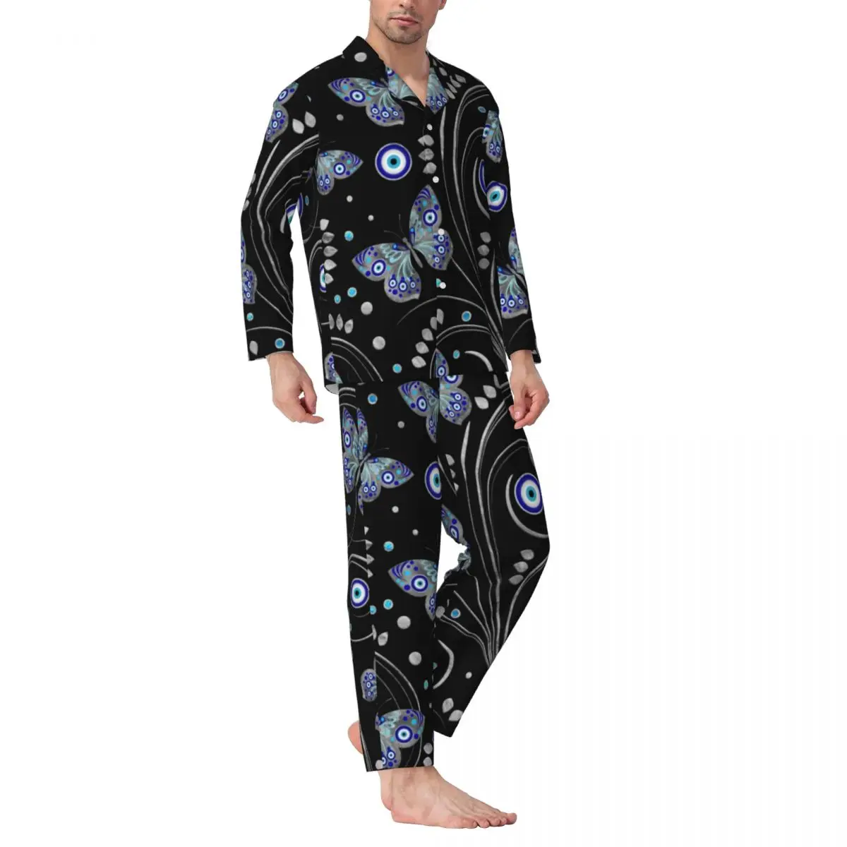 Butterfly Evil Eye Pajama Sets Autumn Nazar Charm Print Leisure Sleepwear Unisex 2 Piece Vintage Oversize Custom Home Suit Gift