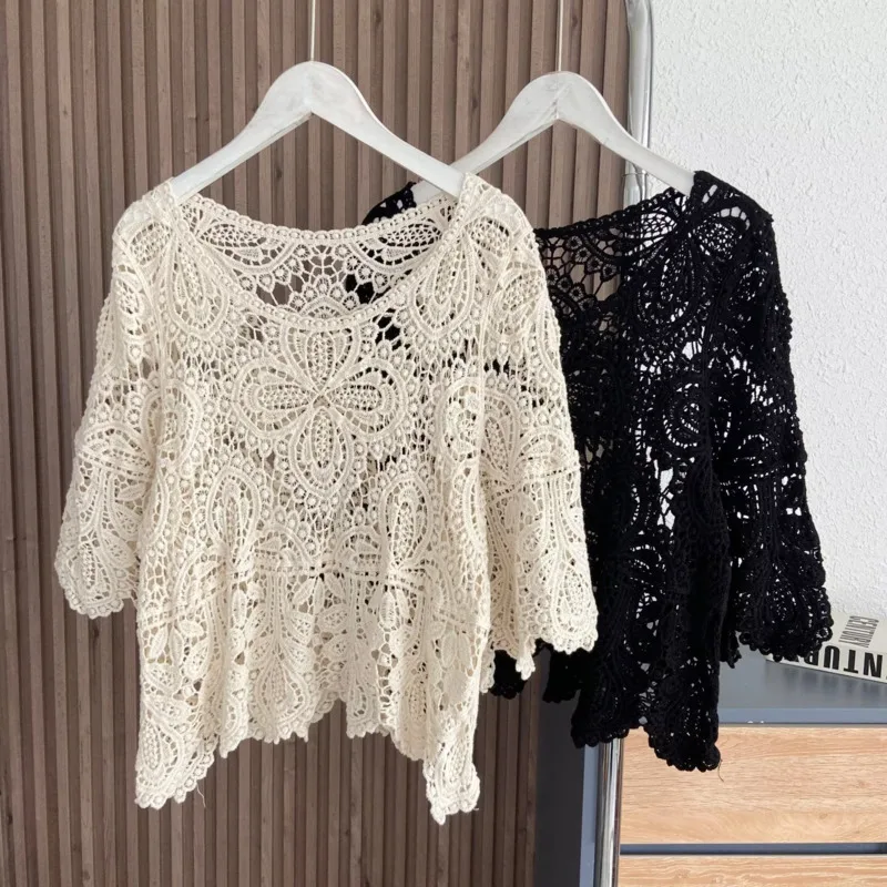 

Women Clothing Lace Hollow Out Tops Flower Shawl Summer Fashion Solid Color Embroidery Ruffles Loose Pullovers Y2k Lady Shirt
