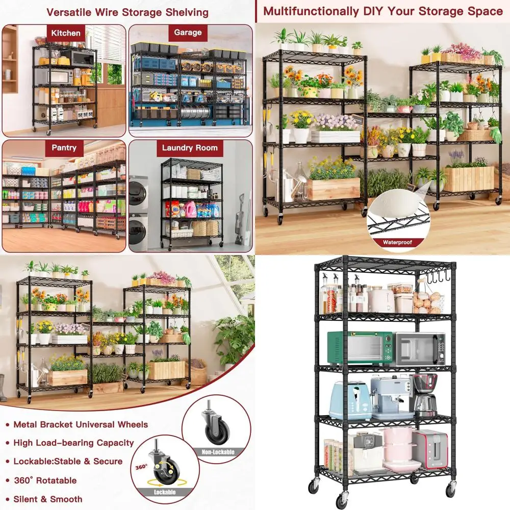 

5-уровневые регулируемые металлические стеллажи для хранения с колесами, 24Ш x 18Г x 75В, черные