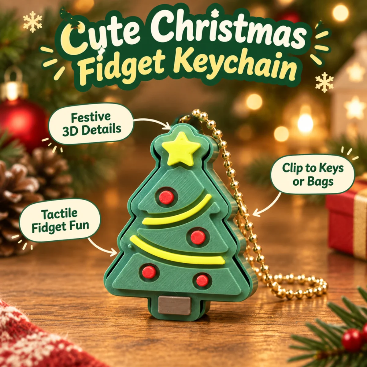 1Pc Christmas Tree Clicker Keychain,Eco PLA 3D Printed,Dark Green With Yellow Star,Festive Stress Relief Fidget Toy Pendant