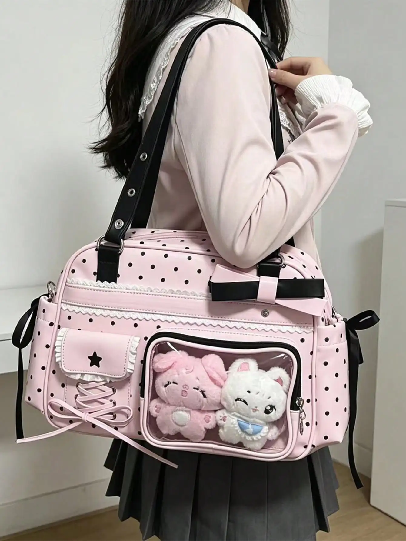 1pc Kawaii Polka Dot Shoulder Bag For Women, Lace Trim & Ribbon Bow Decor Adds Elegance, Transparent Display Windows On Both Sides, High-Quality PU Material Large Capacity Tote Bag, Contrast Color Ribbon Bow Design, Can Hold Plush Toys, DIY Ita Bag, Trans